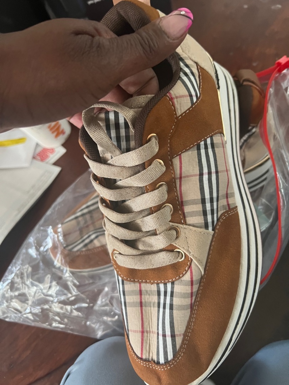 Plaid Lace-Up Women's Sneakers in Brown and Beige